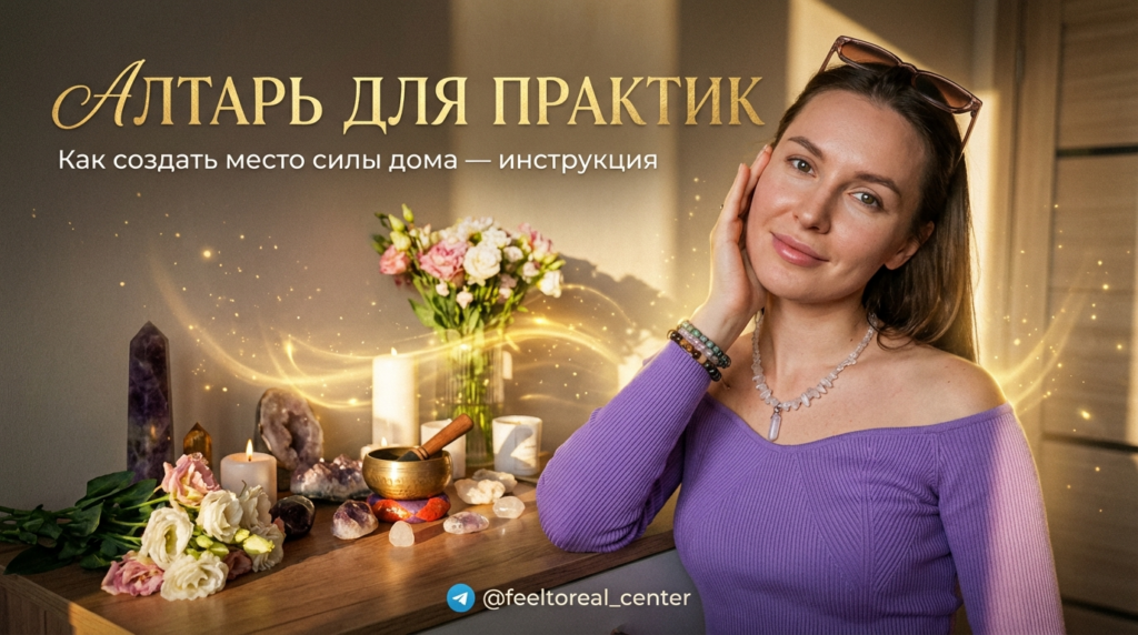 Красивый домашний алтарь с свечами и кристаллами как место силы