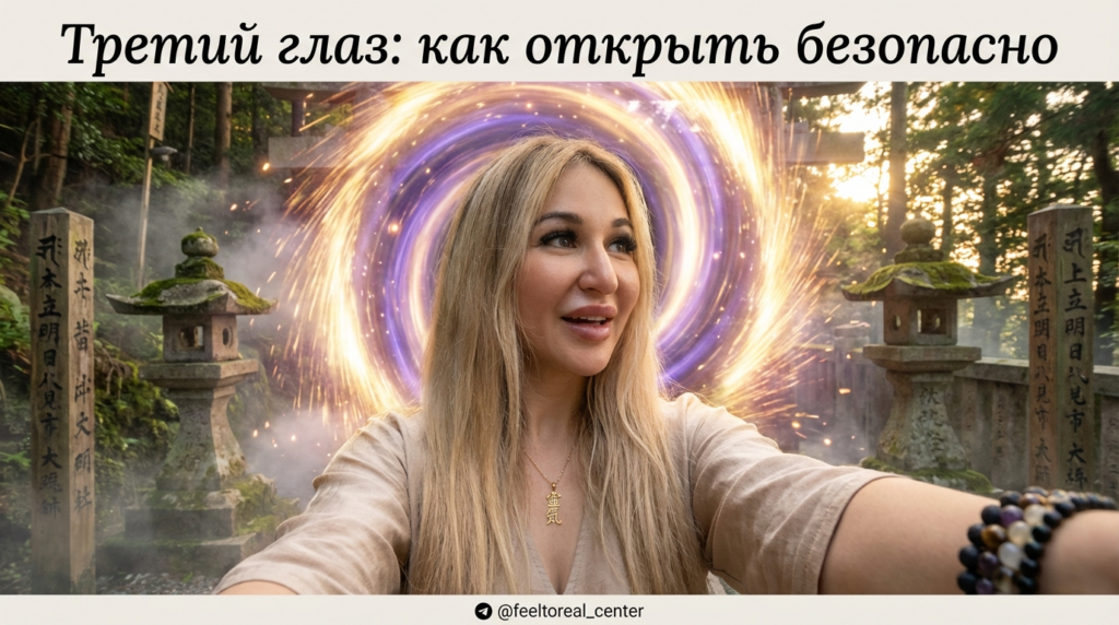 Человек в позе медитации со светящейся чакрой третьего глаза на лбу