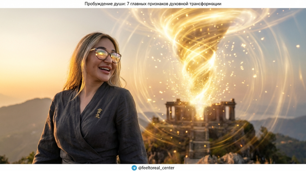 Силуэт человека в потоке света, символизирующий пробуждение души и духовный рост